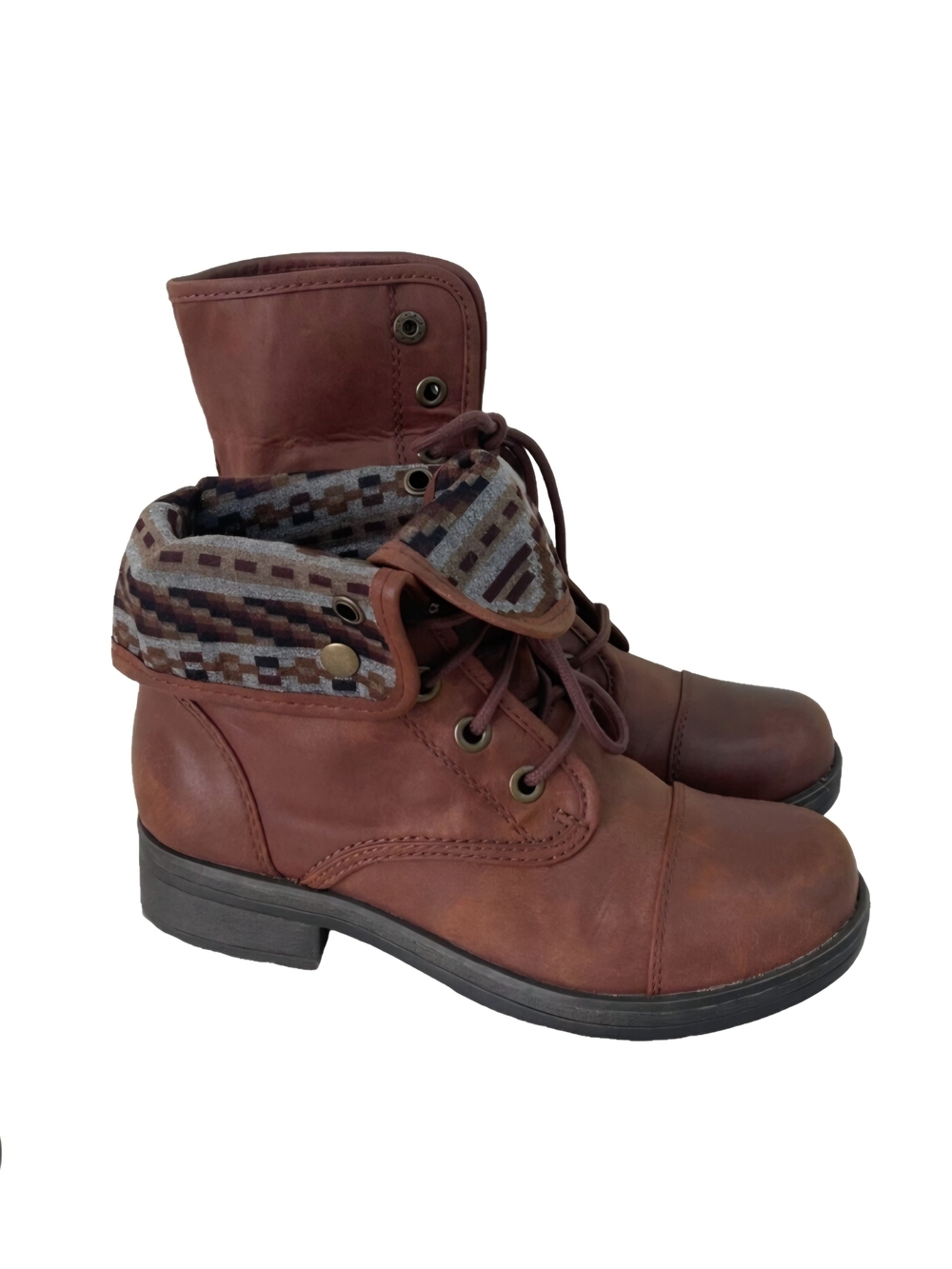 Natural Reflections Fold-Over Lace-Up Ankle Boots in Brown with Patterned Cuff
